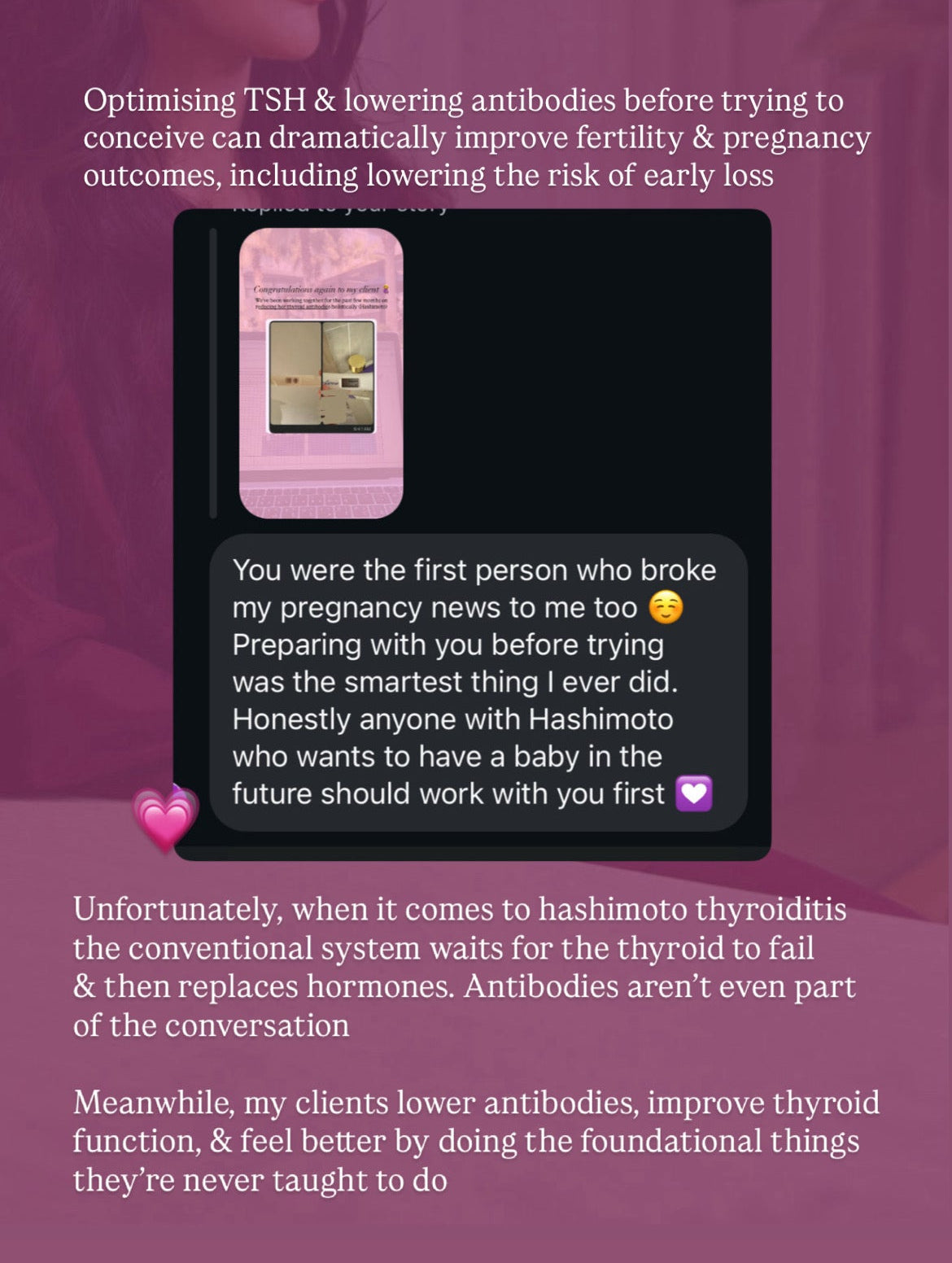 Text message conversation on a phone with a pink background, overlaid with text about thyroid health and fertility.